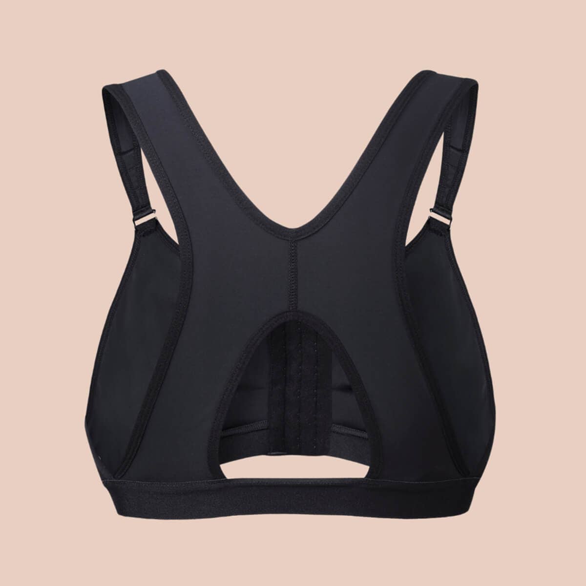 A black post-surgery bra with a front 3 hook closure, designed for comfort and support.
