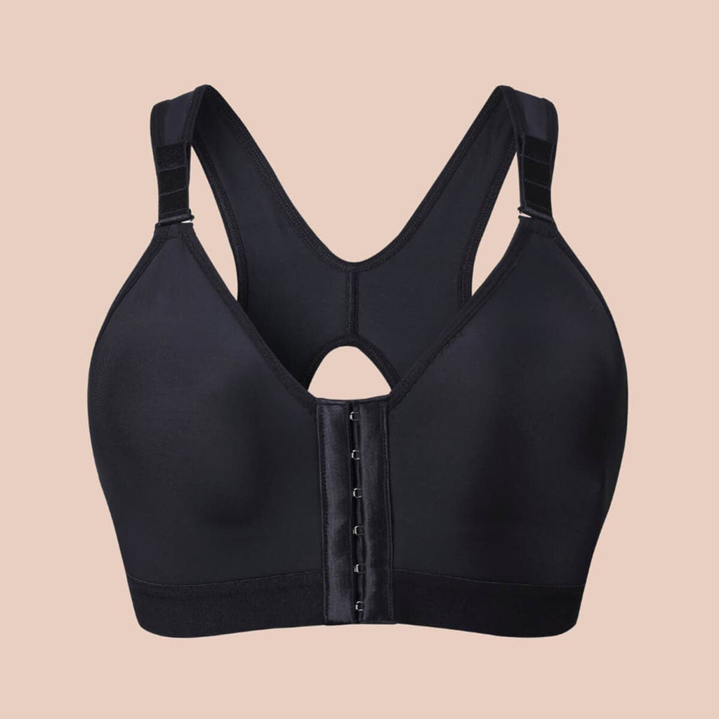 A black post-surgery bra with a front 3 hook closure, designed for comfort and support.