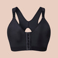 A black post-surgery bra with a front 3 hook closure, designed for comfort and support.