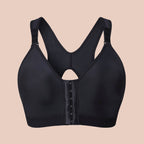 A black post-surgery bra with a front 3 hook closure, designed for comfort and support.