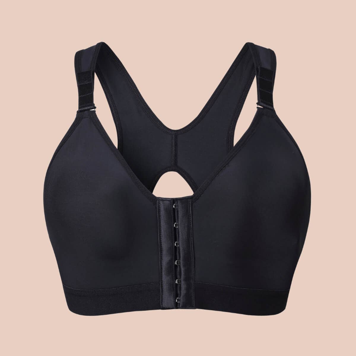 A black post-surgery bra with a front 3 hook closure, designed for comfort and support.
