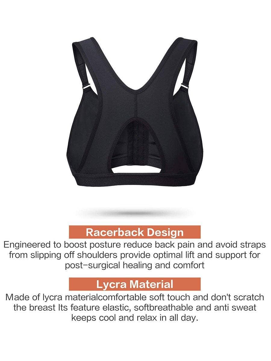 A black post-surgery bra with a front 3 hook closure, designed for comfort and support.