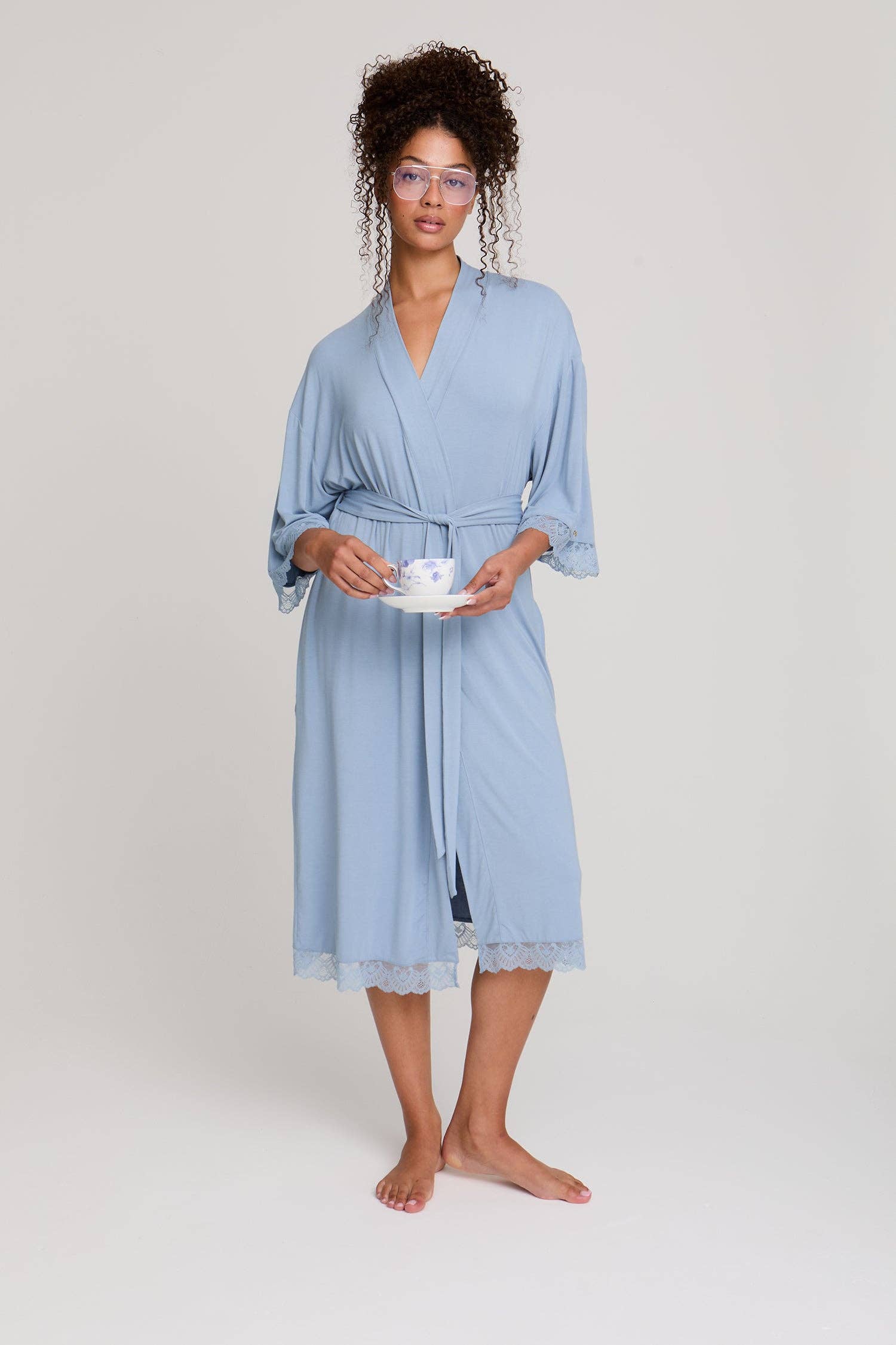 Women's bamboo light blue robe with lace hem and sleeve waist belt stitched onto back