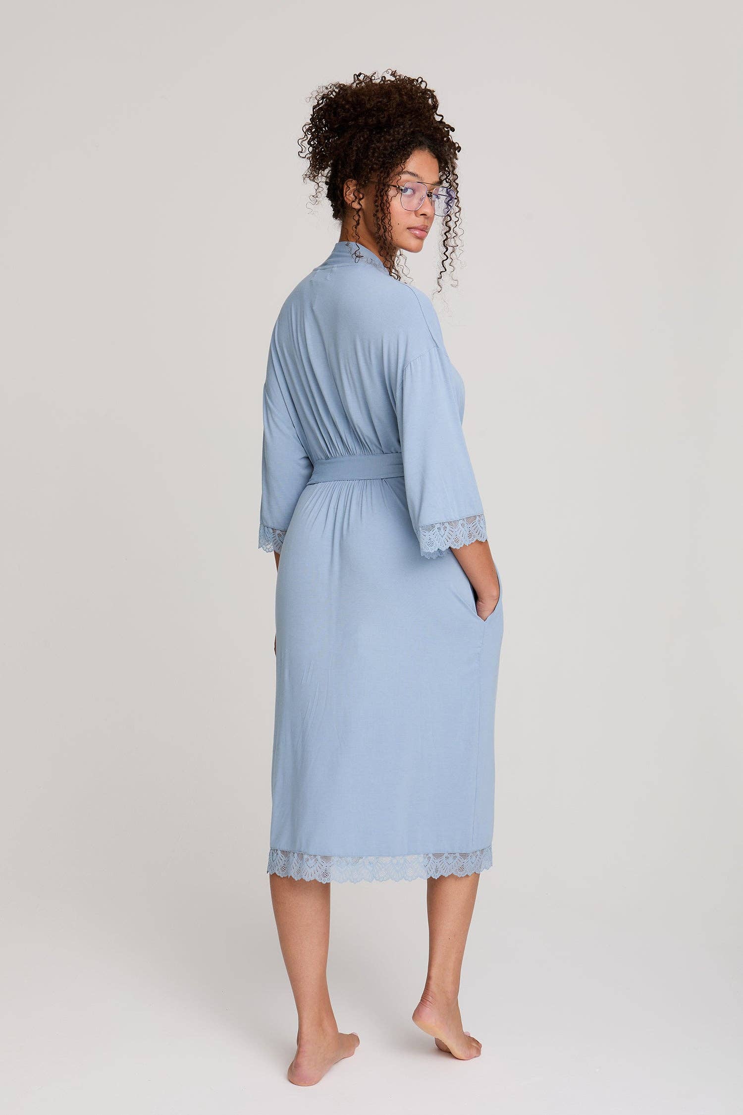 Women's bamboo light blue robe with lace hem and sleeve waist belt stitched onto back