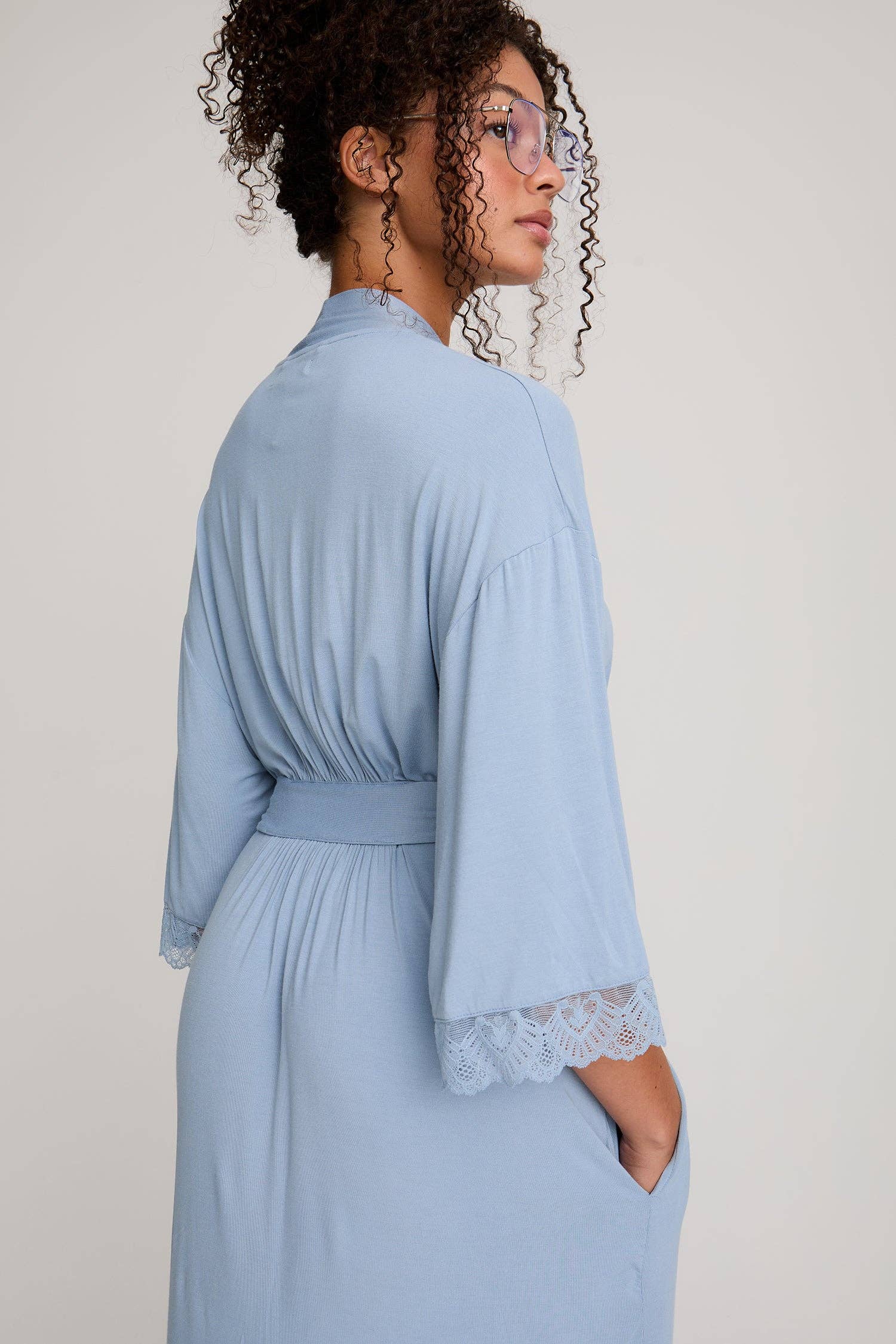 Women's bamboo light blue robe with lace hem and sleeve waist belt stitched onto back