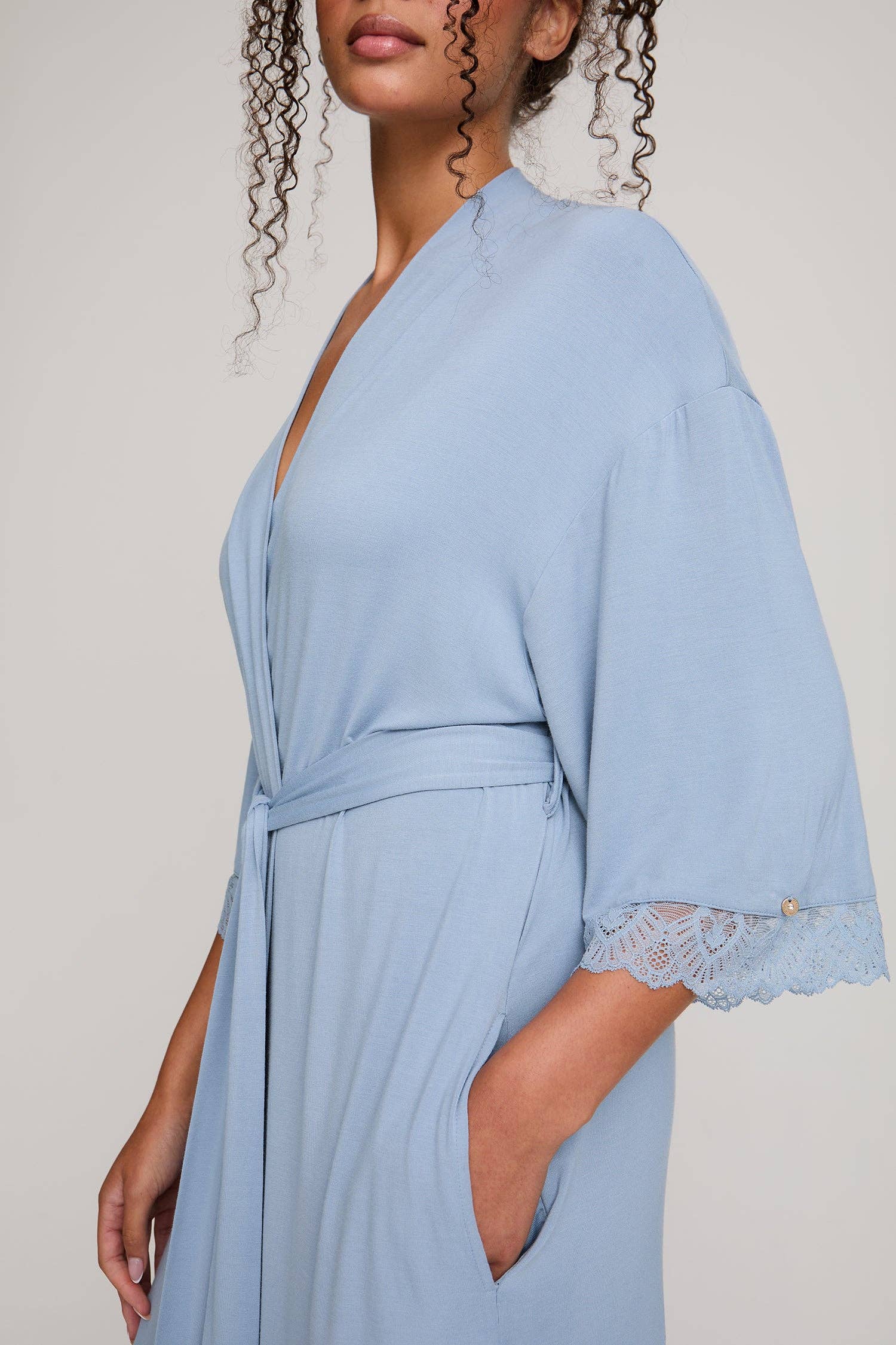 Women's bamboo light blue robe with lace hem and sleeve waist belt stitched onto back