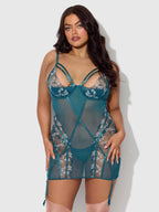 Women's blue chemise with matching thong with mesh flowers
