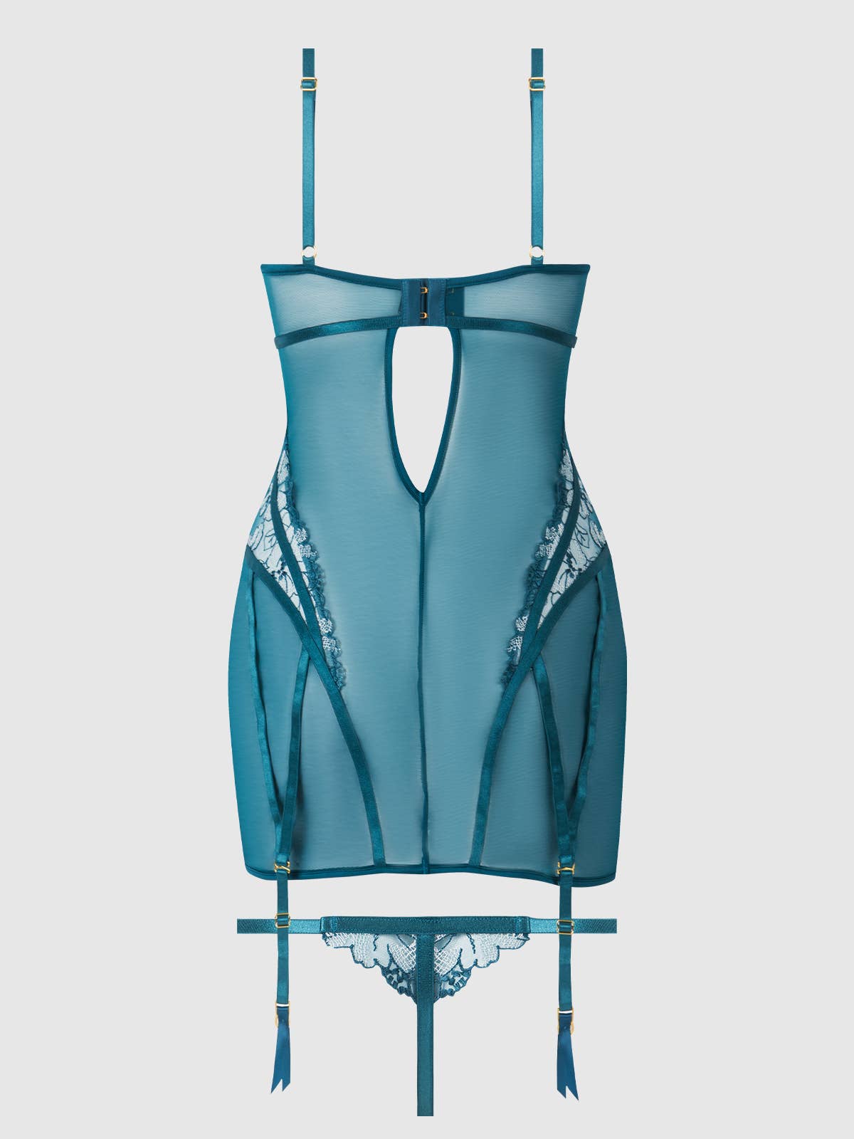 Women's blue chemise with matching thong with mesh flowers