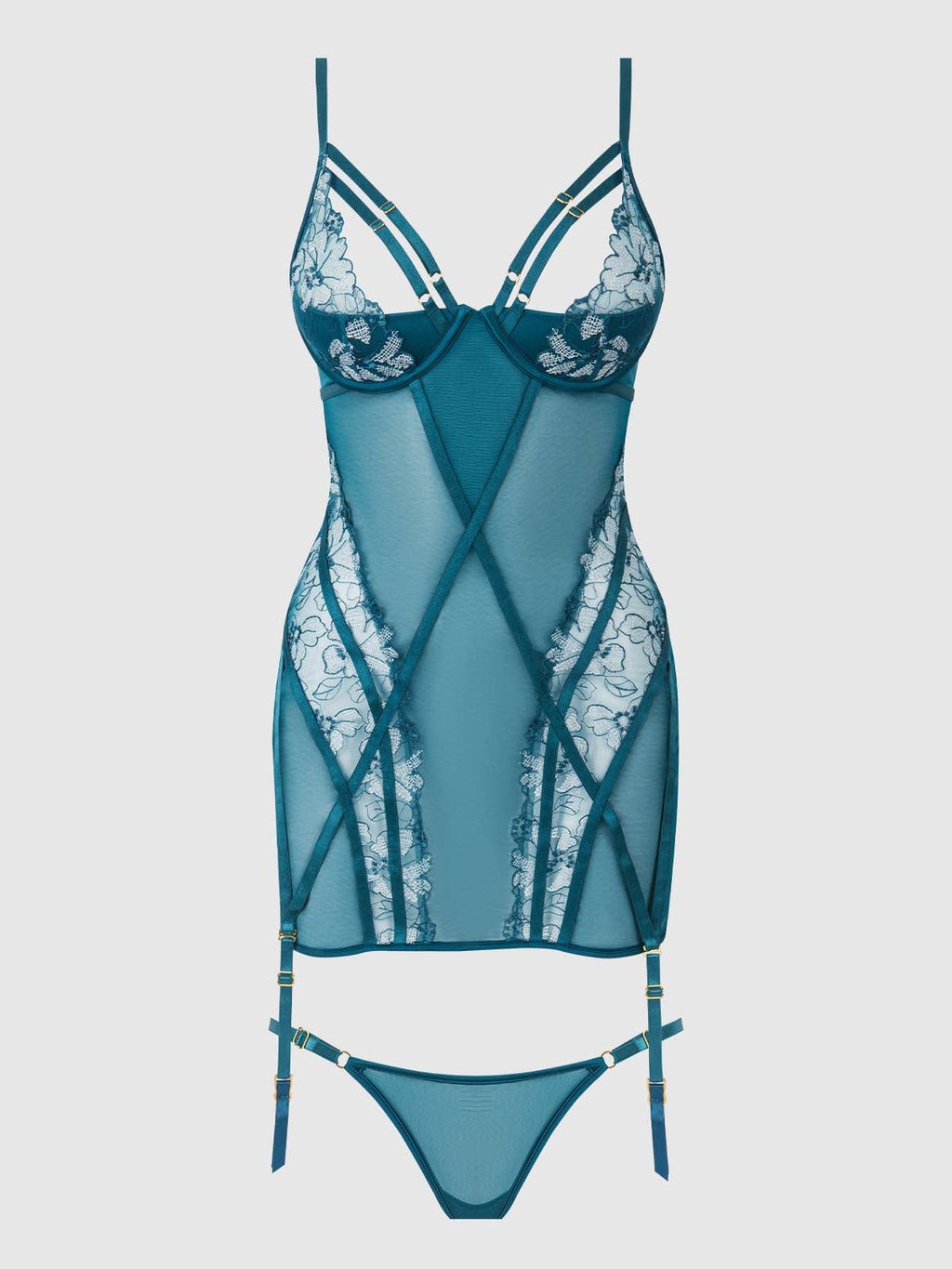 Women's blue chemise with matching thong with mesh flowers