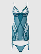 Women's blue chemise with matching thong with mesh flowers