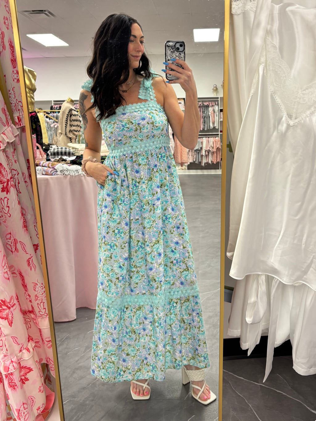 Women's blue and purple floral maxi dress with ribbon tie shoulders