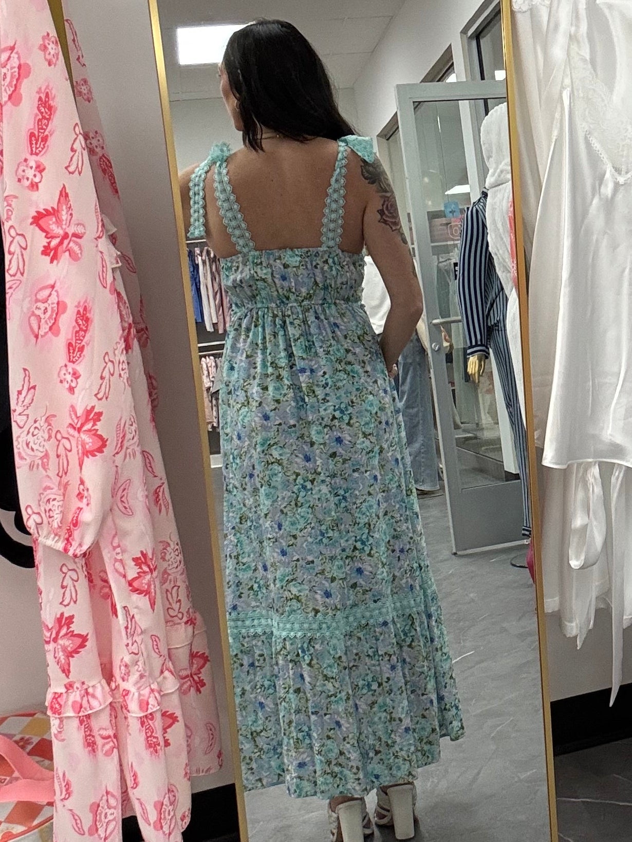 Women's blue and purple floral maxi dress with ribbon tie shoulders