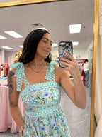 Women's blue and purple floral maxi dress with ribbon tie shoulders