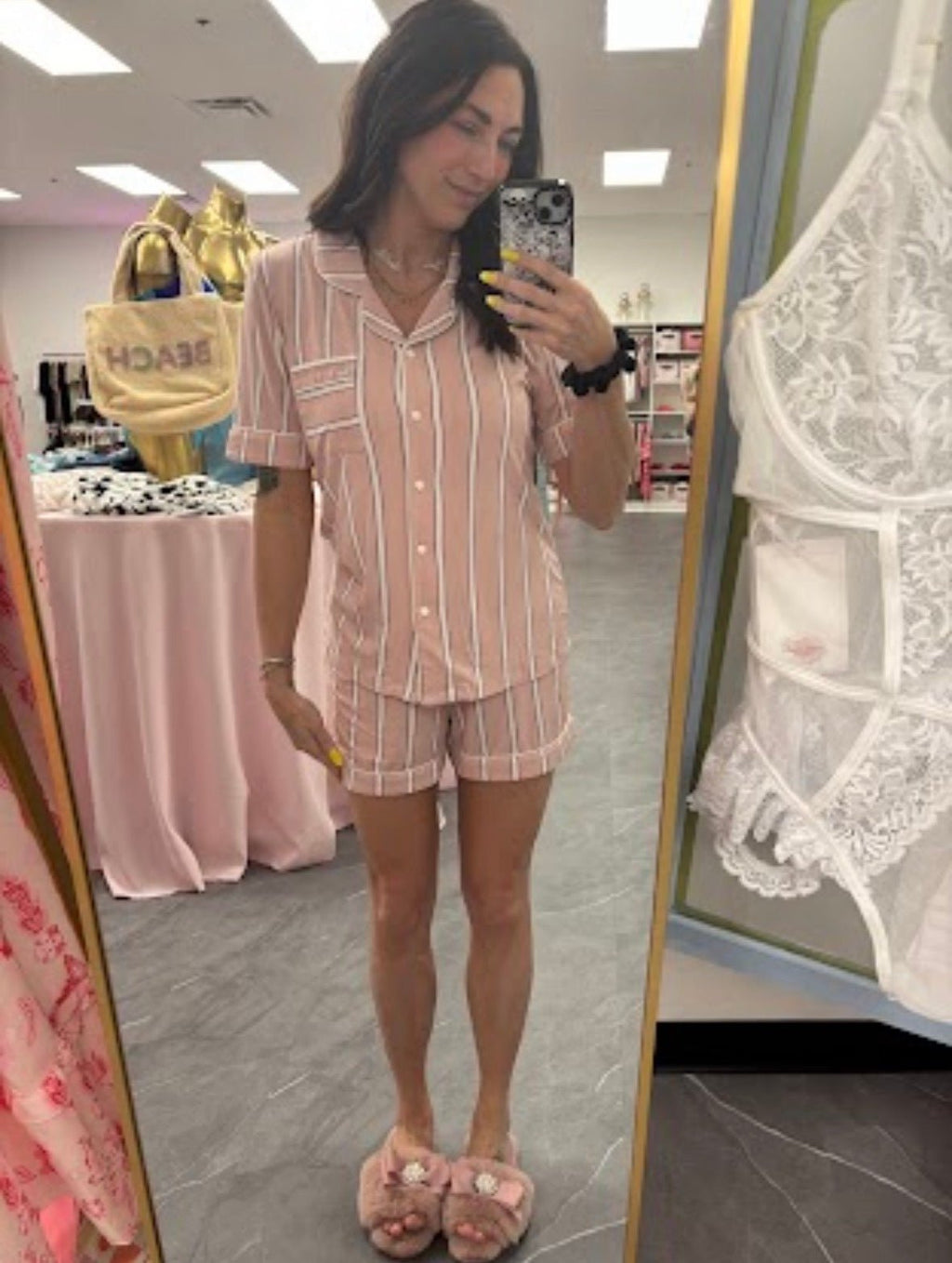 Bamboo Shirt Short Set in Blush Stripe - Intimate Whispers