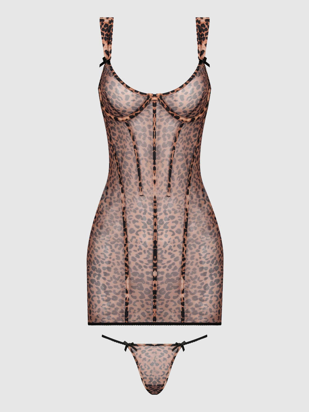 Leopard print lingerie set on a light white background