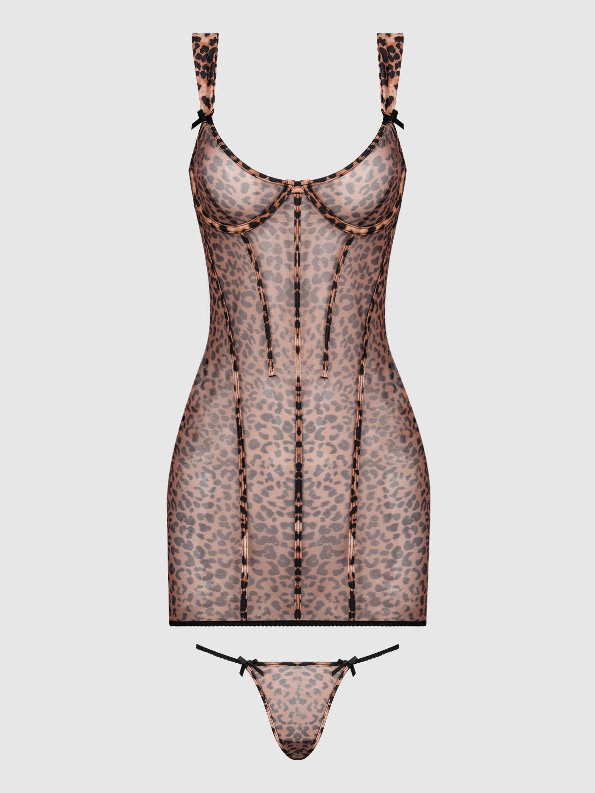 Leopard print lingerie set on a light white background
