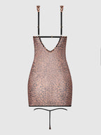 Leopard print slip dress on a hanger against a white background