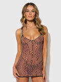 Model wearing a leopard print nightgown against a plain background