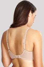 Women's panache moulded cup beige bra close up of back on model