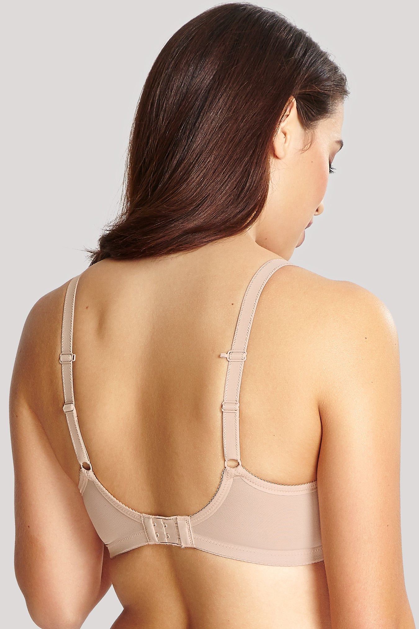 Women's panache moulded cup beige bra close up of back on model