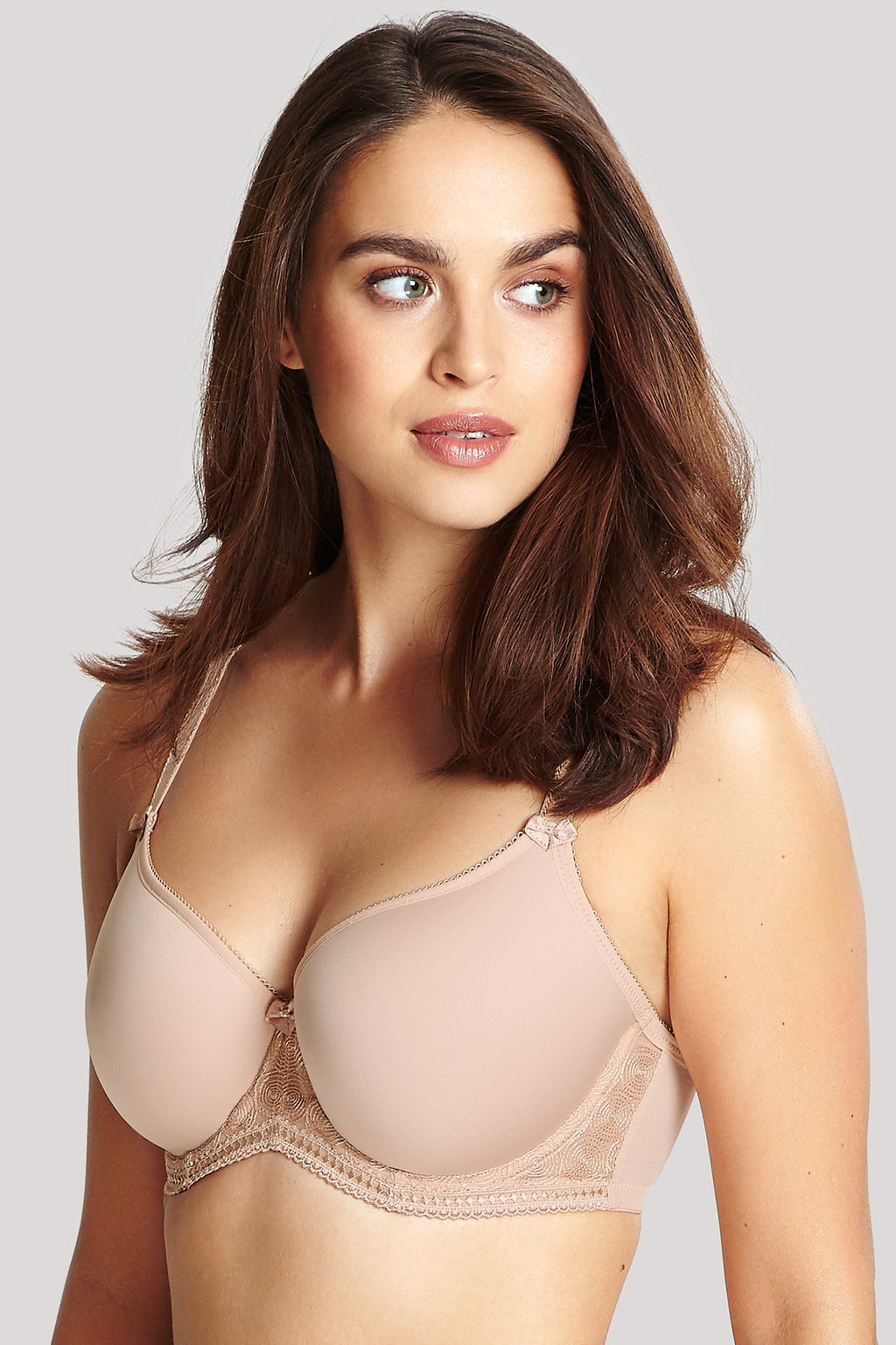 Women's panache moulded cup beige bra close up on model