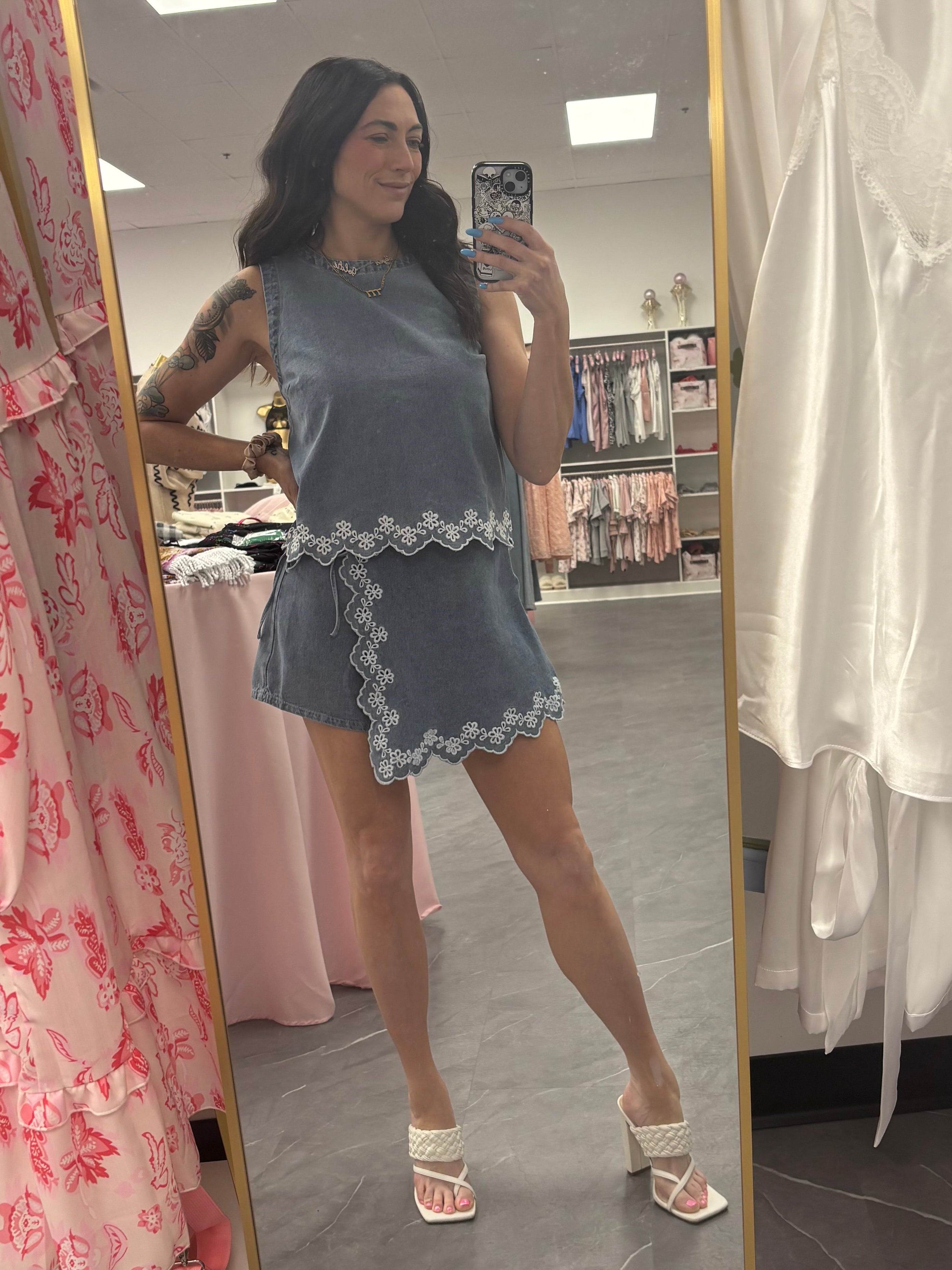 Women's denim embroidered skort shown with matching skort on model