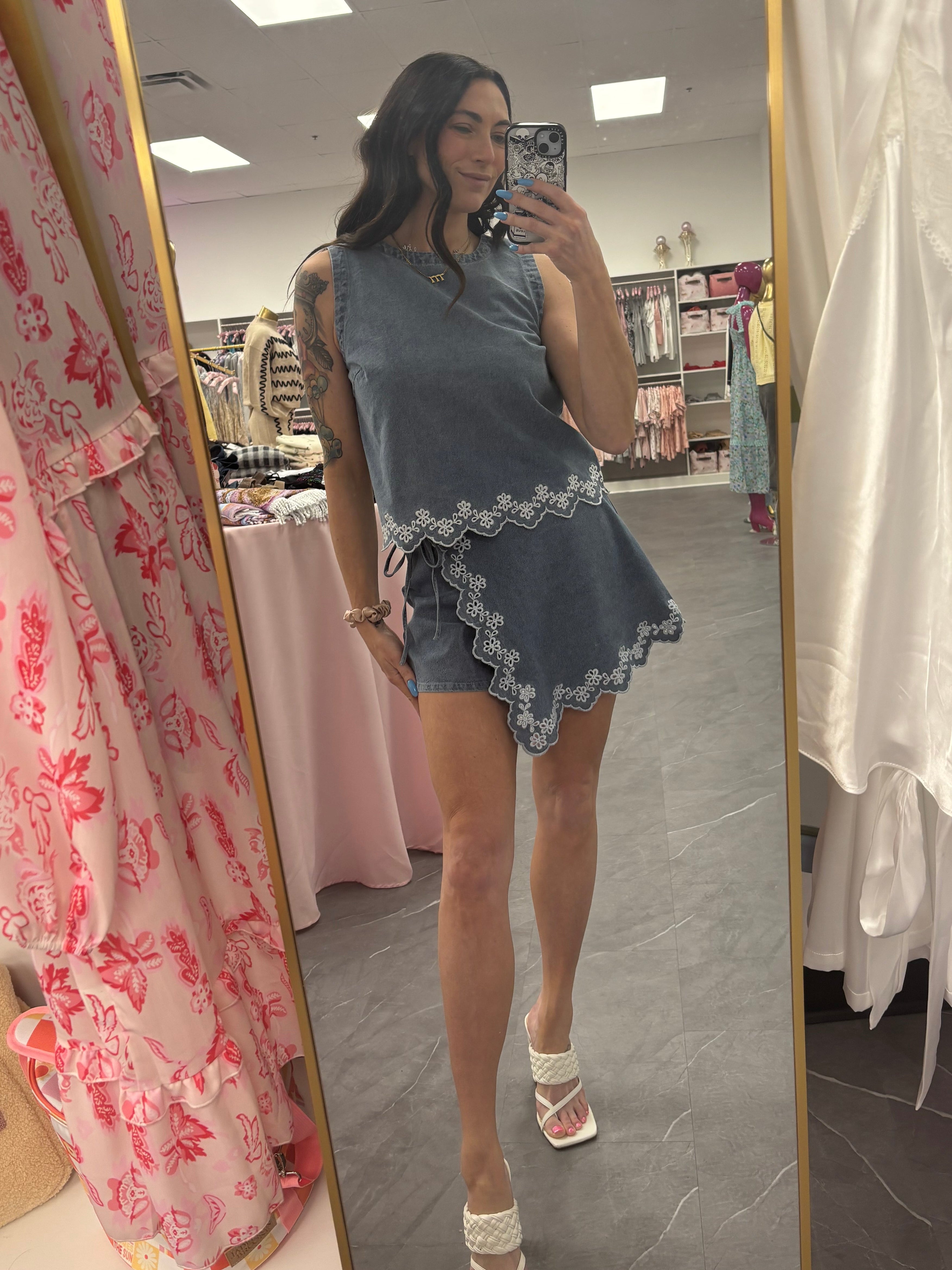 Women's denim embroidered skort shown with matching skort on model