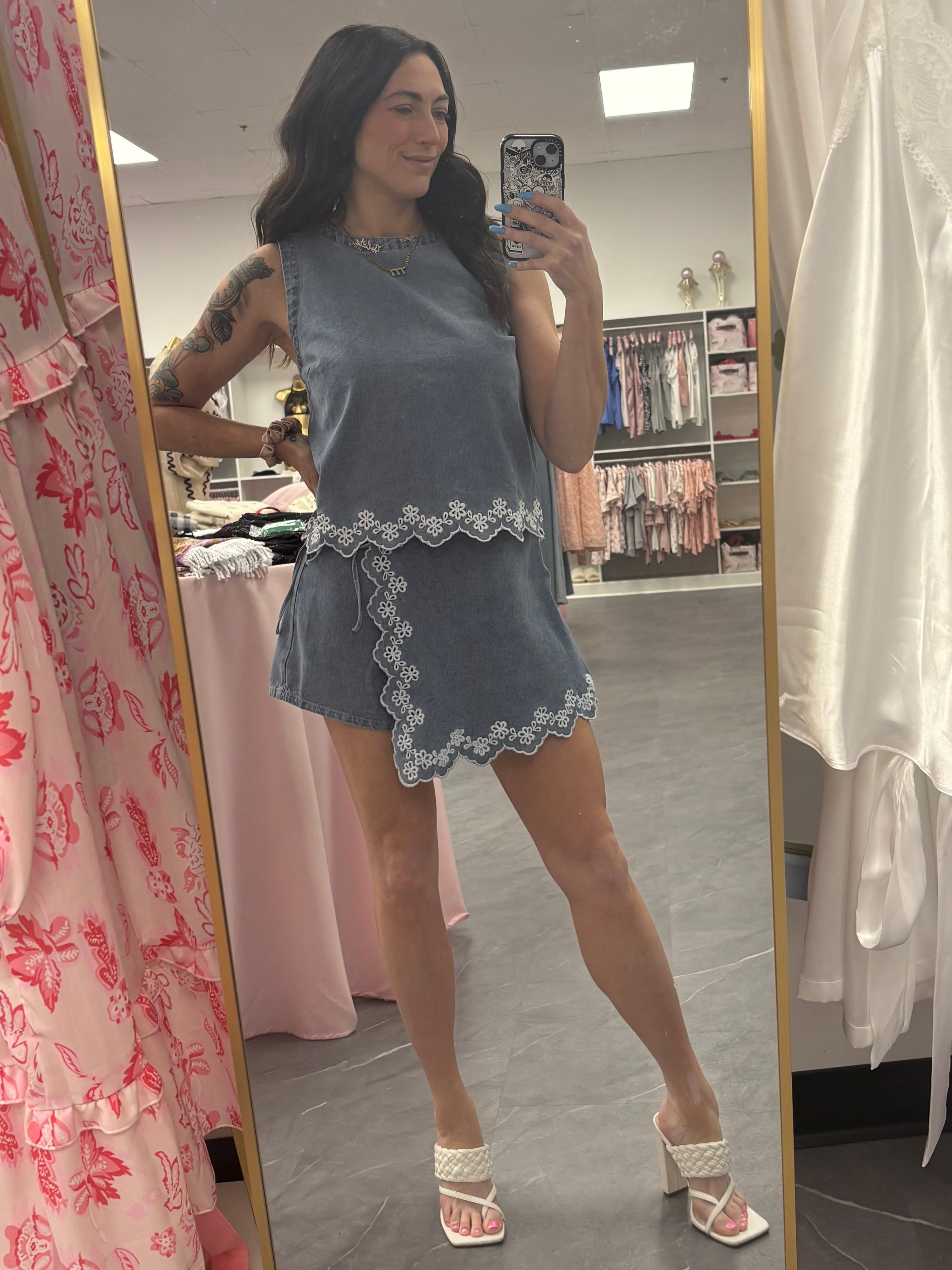 Women's denim floral embroidered tank top 