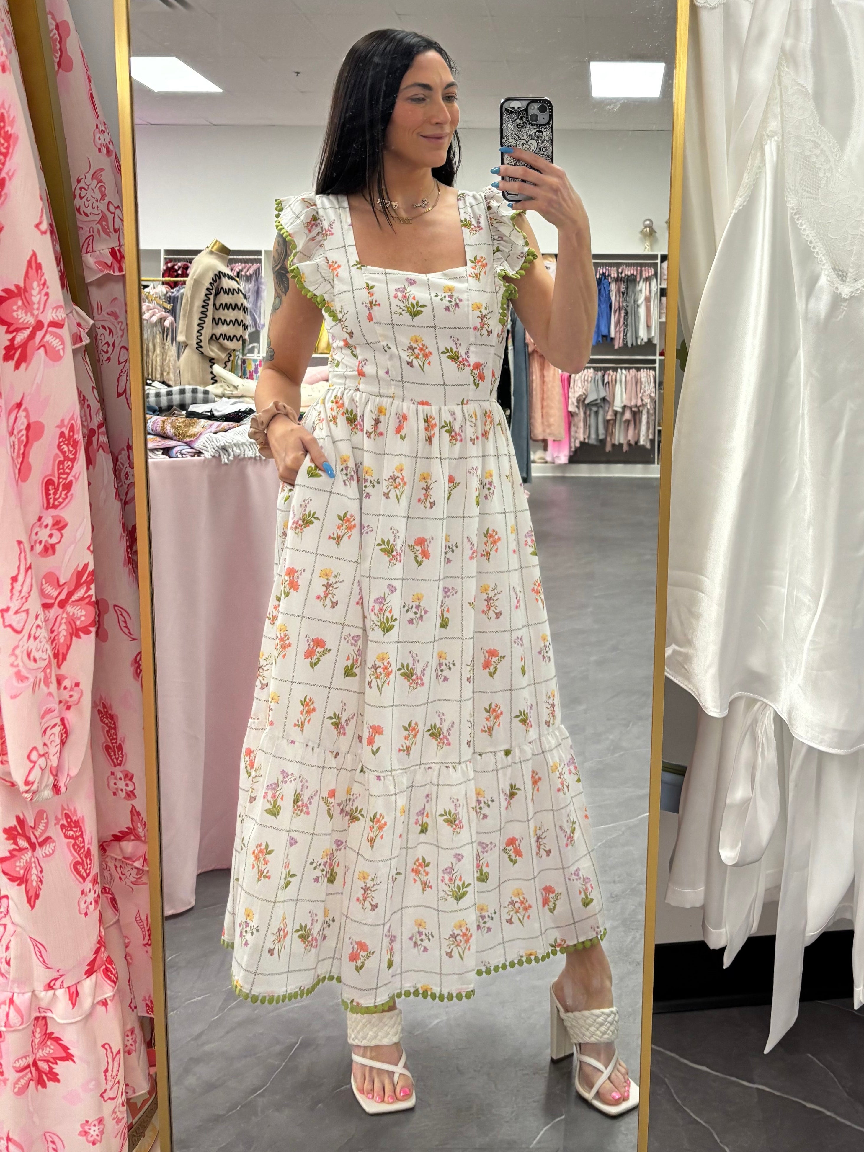 Women's floral maxi dress with back tie on model