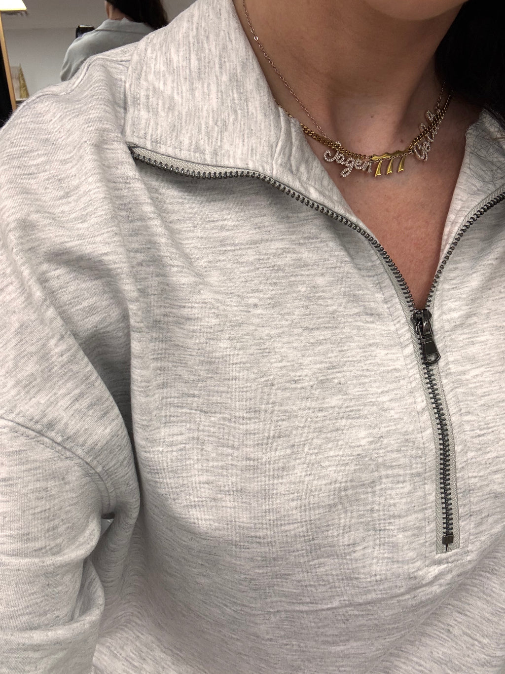 Women's grey sweat set lounge with quarter zip and jogger style drawstring pants
