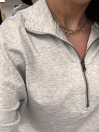 Women's grey sweat set lounge with quarter zip and jogger style drawstring pants