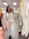 Women's grey sweat set lounge with quarter zip and jogger style drawstring pants