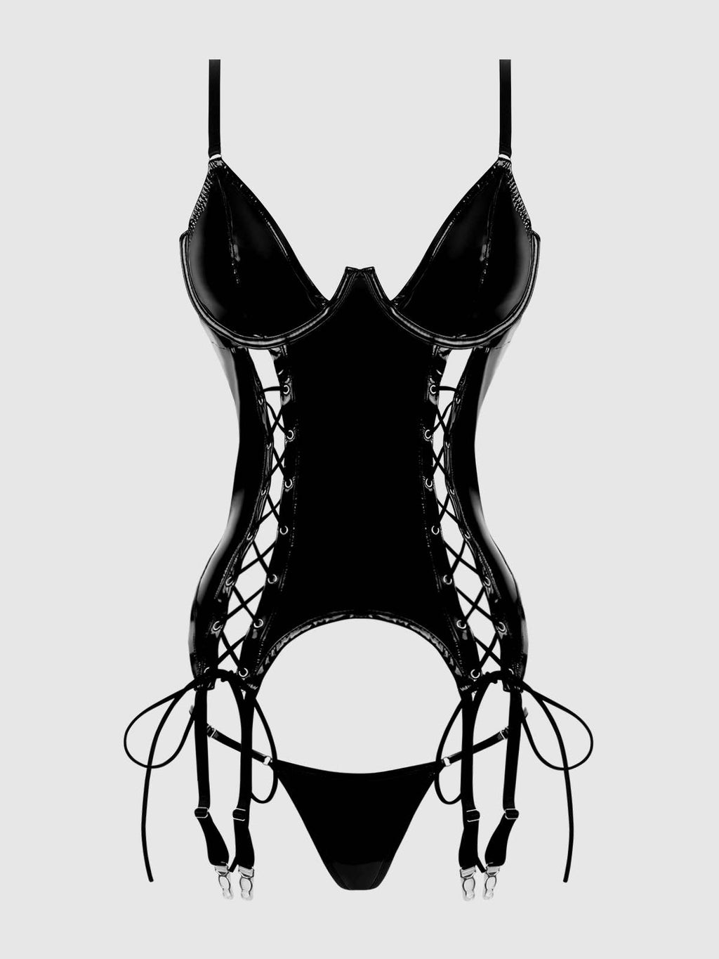 Women's latex two piece lingerie set in black with matching thong front flat lay
