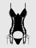Women's latex two piece lingerie set in black with matching thong front flat lay