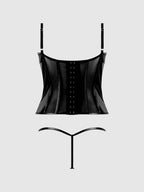 Women's latex two piece lingerie set in black with matching thong back flat lay
