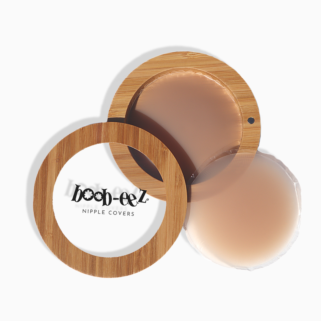 Women's light nude reusable nipple covers with bamboo case