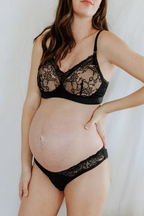 A black, floral lace V-cut maternity/postpartum underwear bikini with soft, moisture-wicking bottom and full cheek coverage.