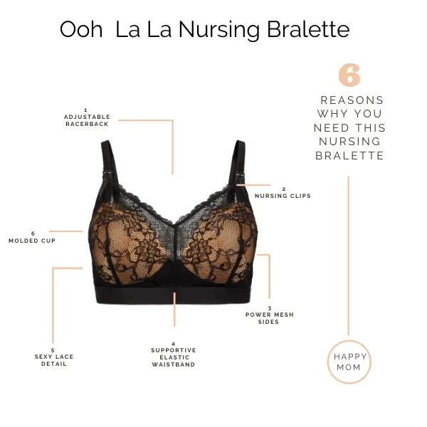 A black and nude nursing bralette with delicate lace detailing, featuring adjustable straps and a hook-and-eye closure. Info Sheet