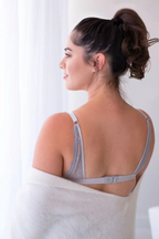 Women's nursing maternity bralette in grey back detail on model