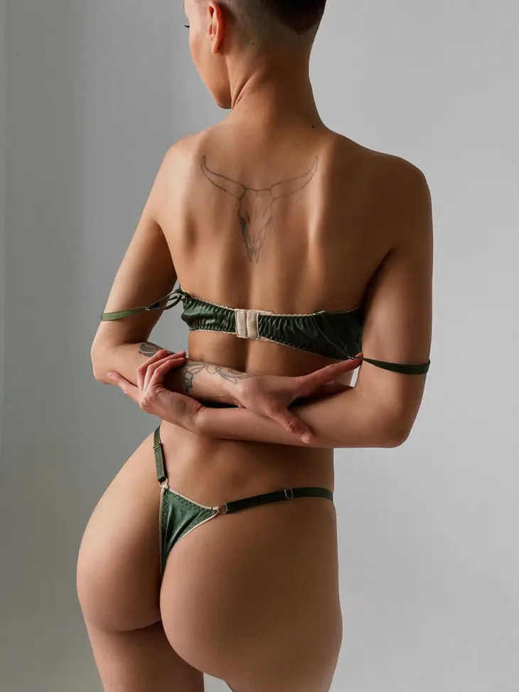 Women's olivia bra green with nude lace on model back view