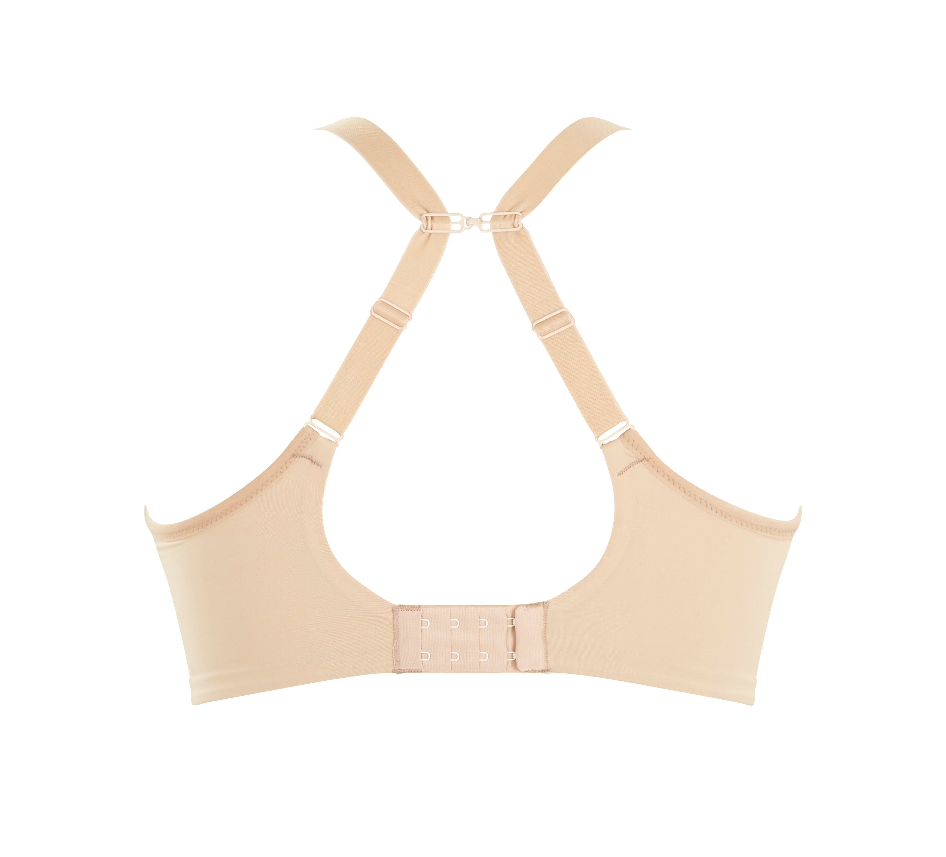 A woman wearing panache elegance beige, moulded cup bra with adjustable straps.