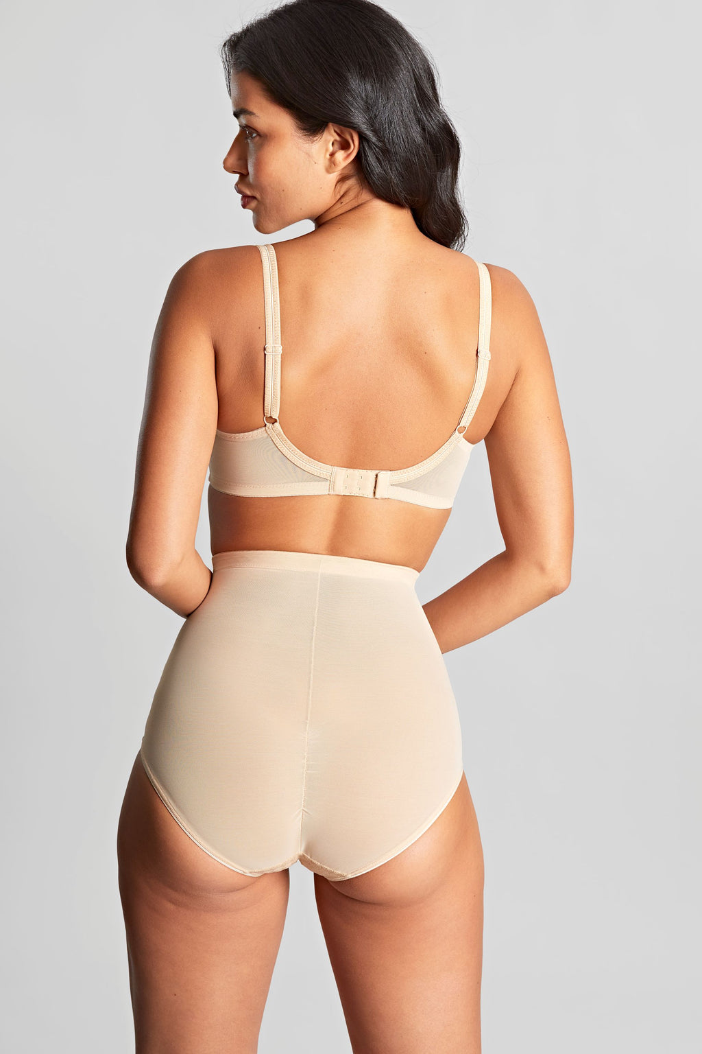 Women's Panache Envy Bra in Chai beige color on model back full look with matching high waist brief