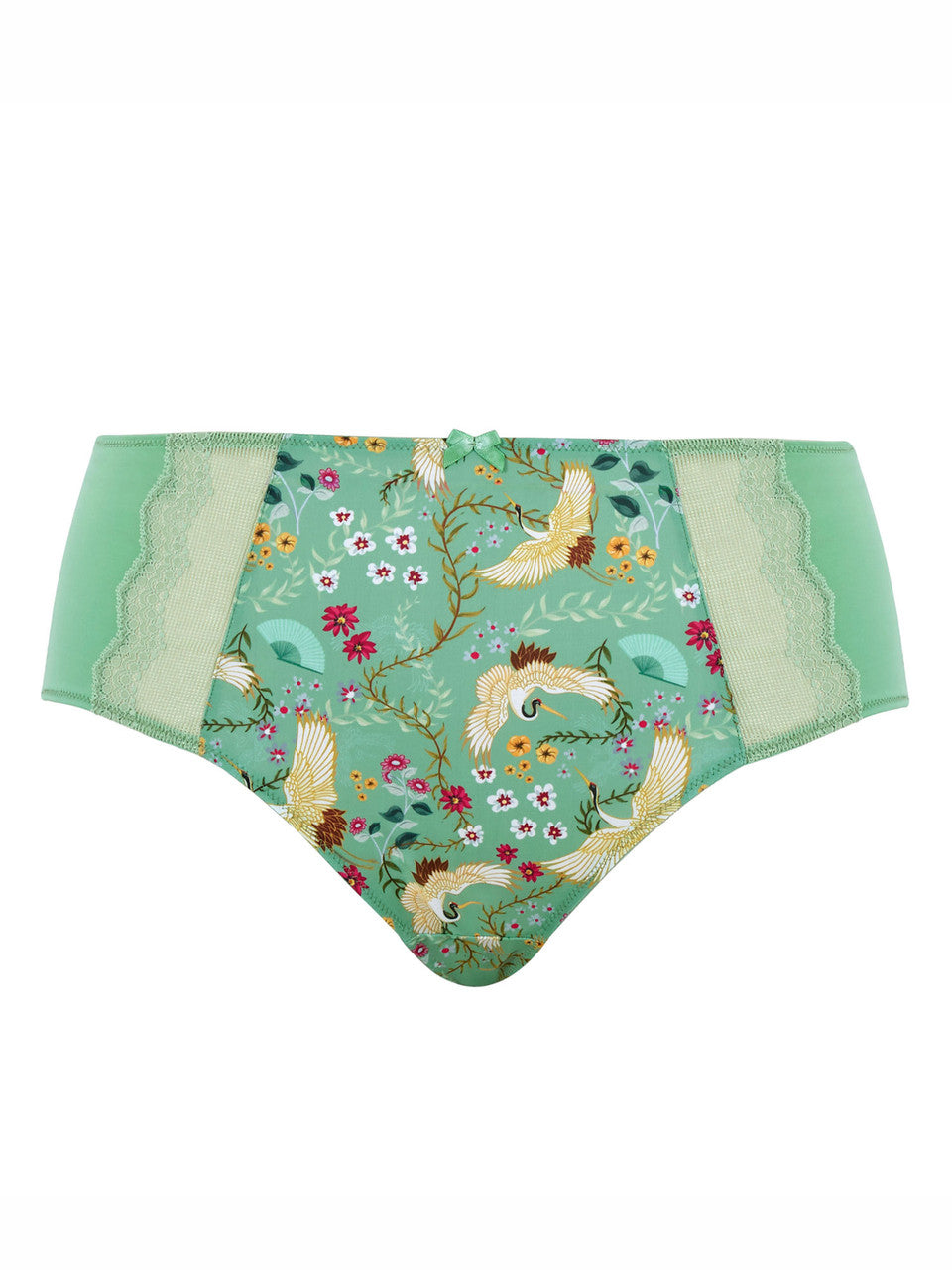This image features the "Esme - Wonderland" deep brief, which is designed with a charming and whimsical aesthetic. The briefs are presented in a light mint green color, adorned with a playful pattern of animals and floral elements.