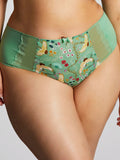 This image features the "Esme - Wonderland" deep brief, which is designed with a charming and whimsical aesthetic. The briefs are presented in a light mint green color, adorned with a playful pattern of animals and floral elements.