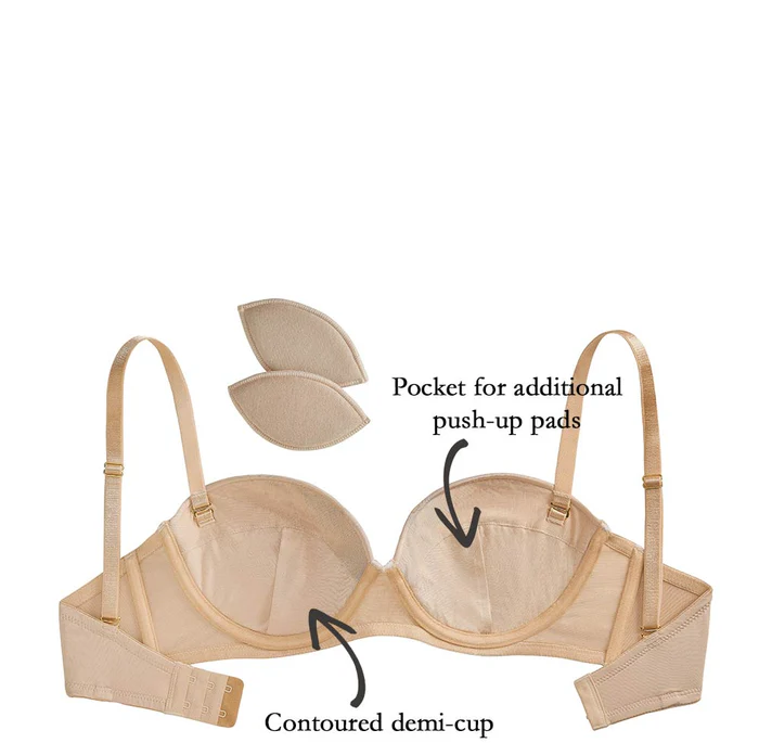 Women's The Little Bra Company strapless bra beige with removable straps push up pad explanation 