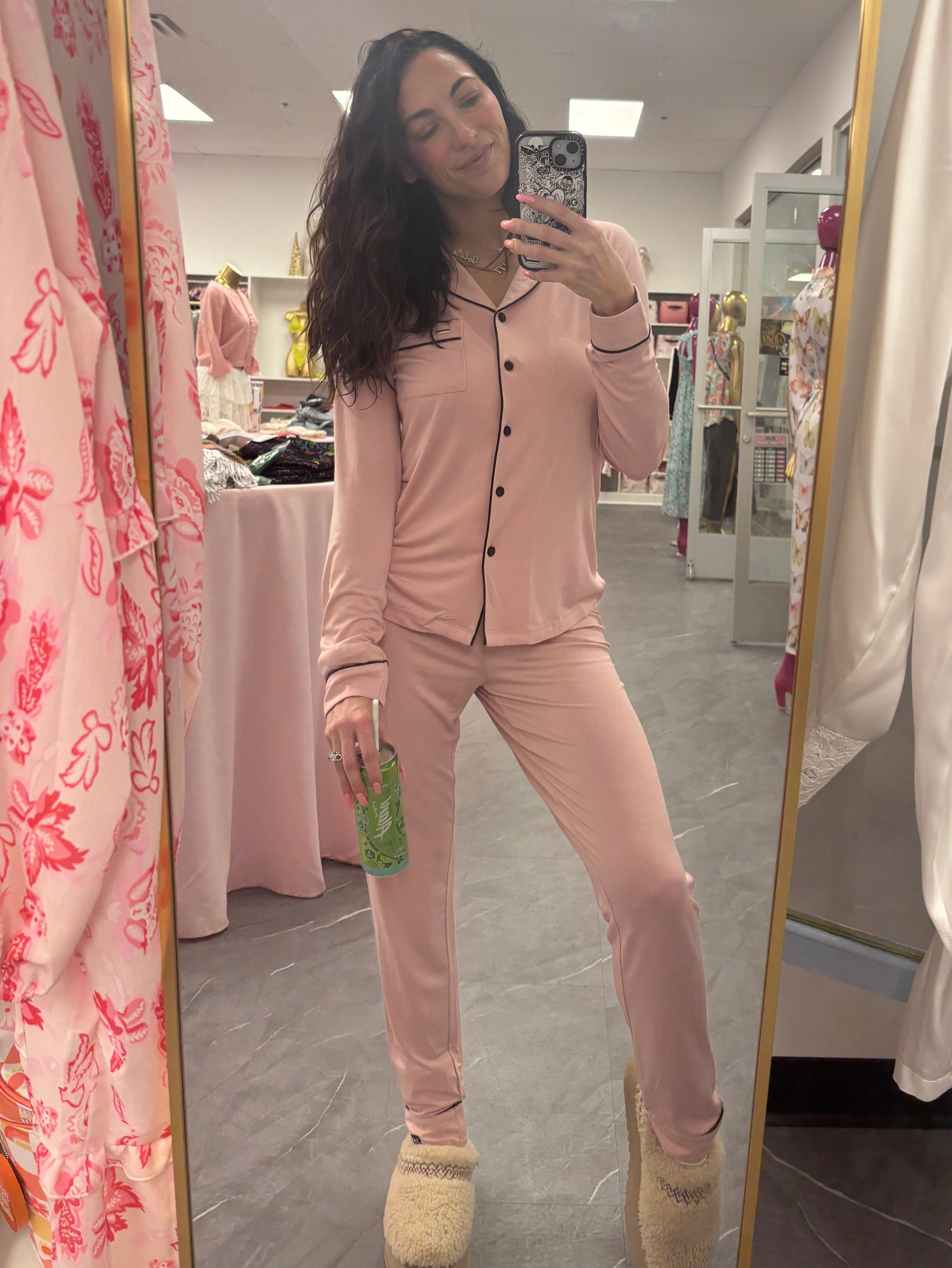 Women's pink bamboo pant pajama set with black piping buttons and front pocket