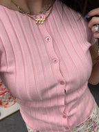 Women's pink button up knit t-shirt
