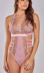Women's pink floral embroidered lingerie bodysuit with side bows on model