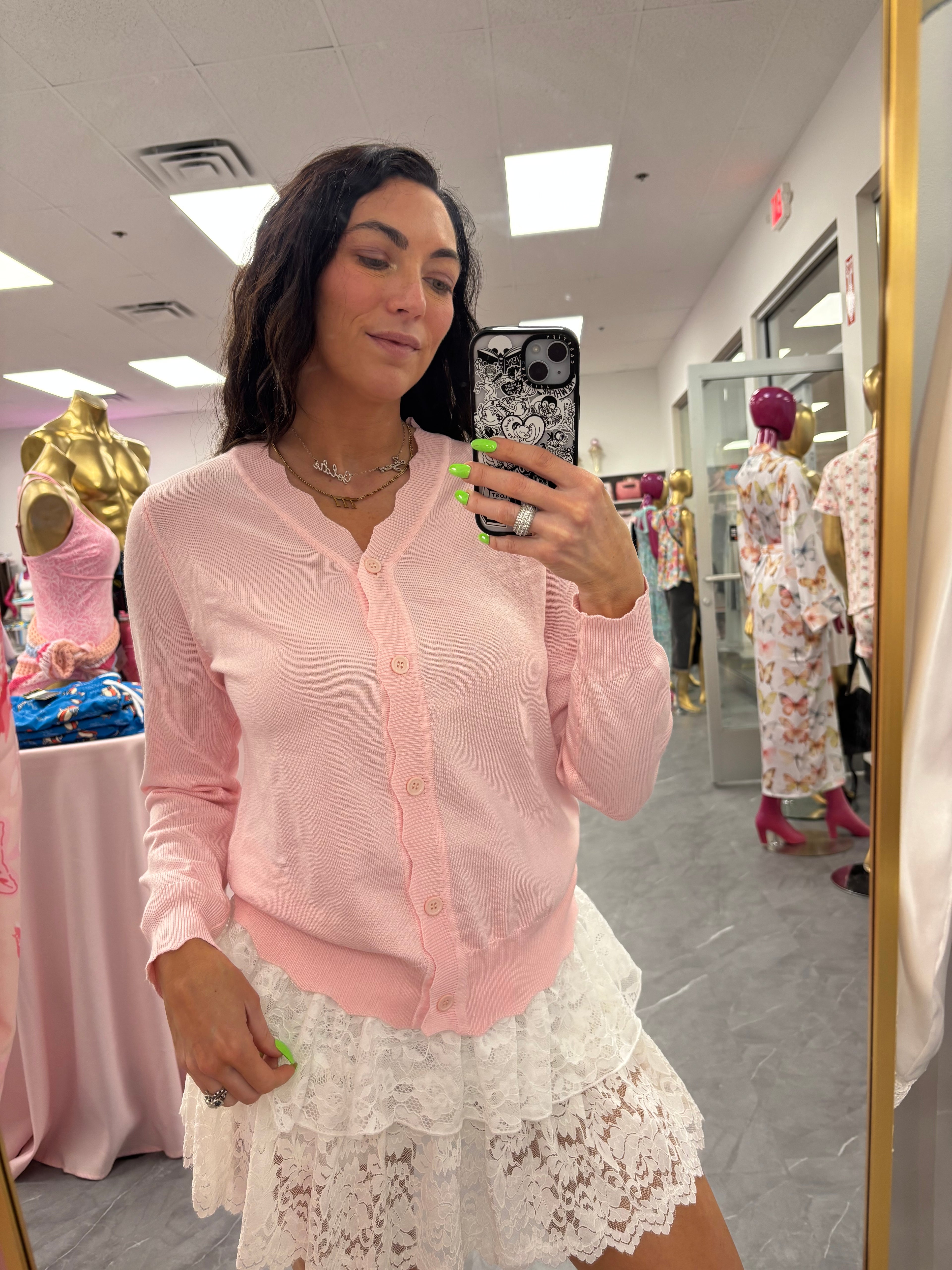 Women's pink scalloped button up cardigan