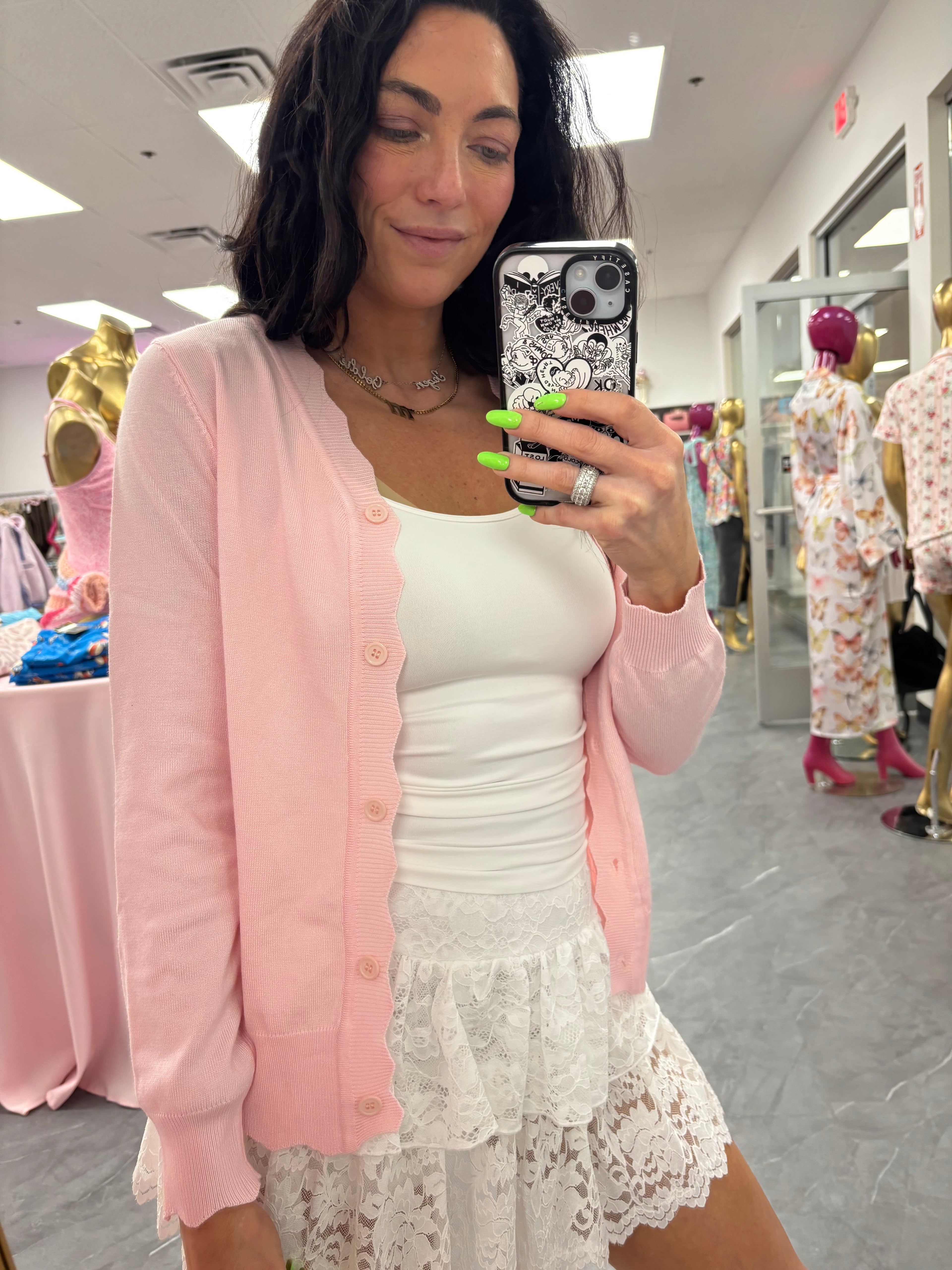 Women's pink scalloped button up cardigan